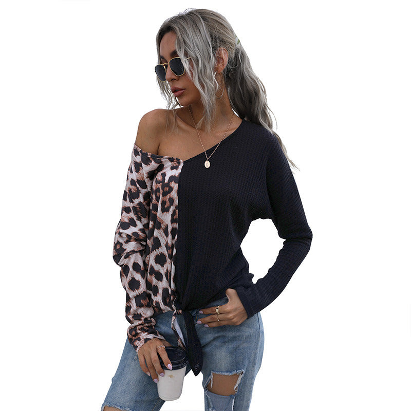Casual Loose Top Female Splicing Leopard Print V-Neck Long-Sleeved Sweater