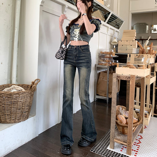 Retro Spice Micro-Cut Jeans For Women Autumn New High-Waisted Slimming All With Horseshoe Bell Bottoms