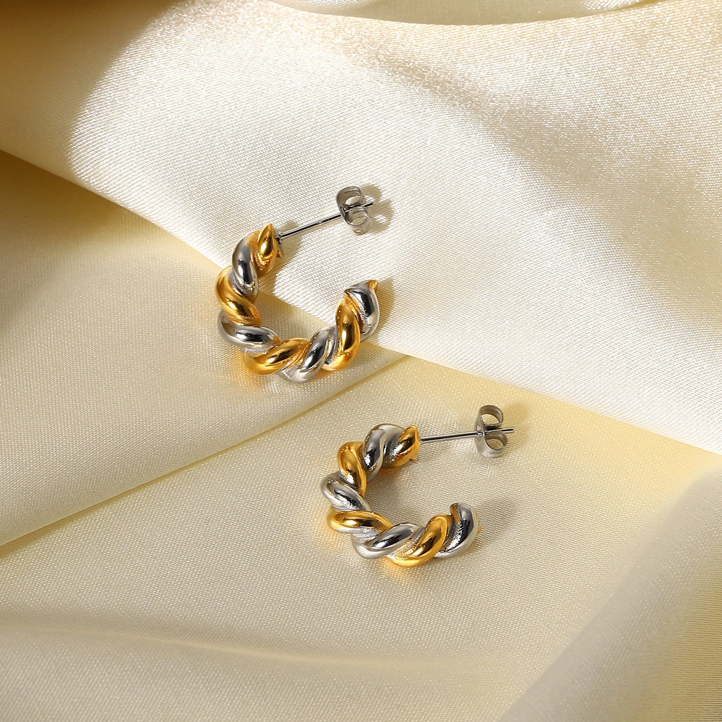 5pcs 18K Gold-Plated Titanium Steel Earrings Silver Gold Connection Stainless Steel Torsion Ring Earrings Women's Jewelry