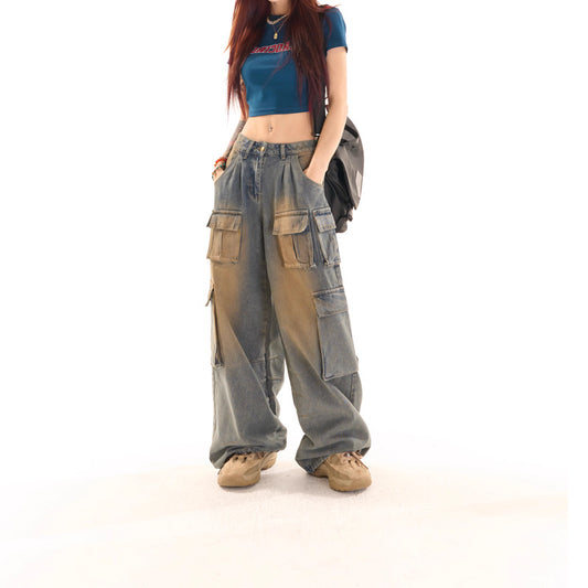 Retro Blue Low-Rise Jeans Women's Fall Y2K Baggy Wide-Leg Pants