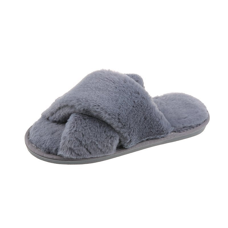 Autumn And Winter New Big Rabbit Velvet Cross-Belt Couple Floor Cotton Slippers Indoor Home Warm Non-Slip Plush Cotton Slippers