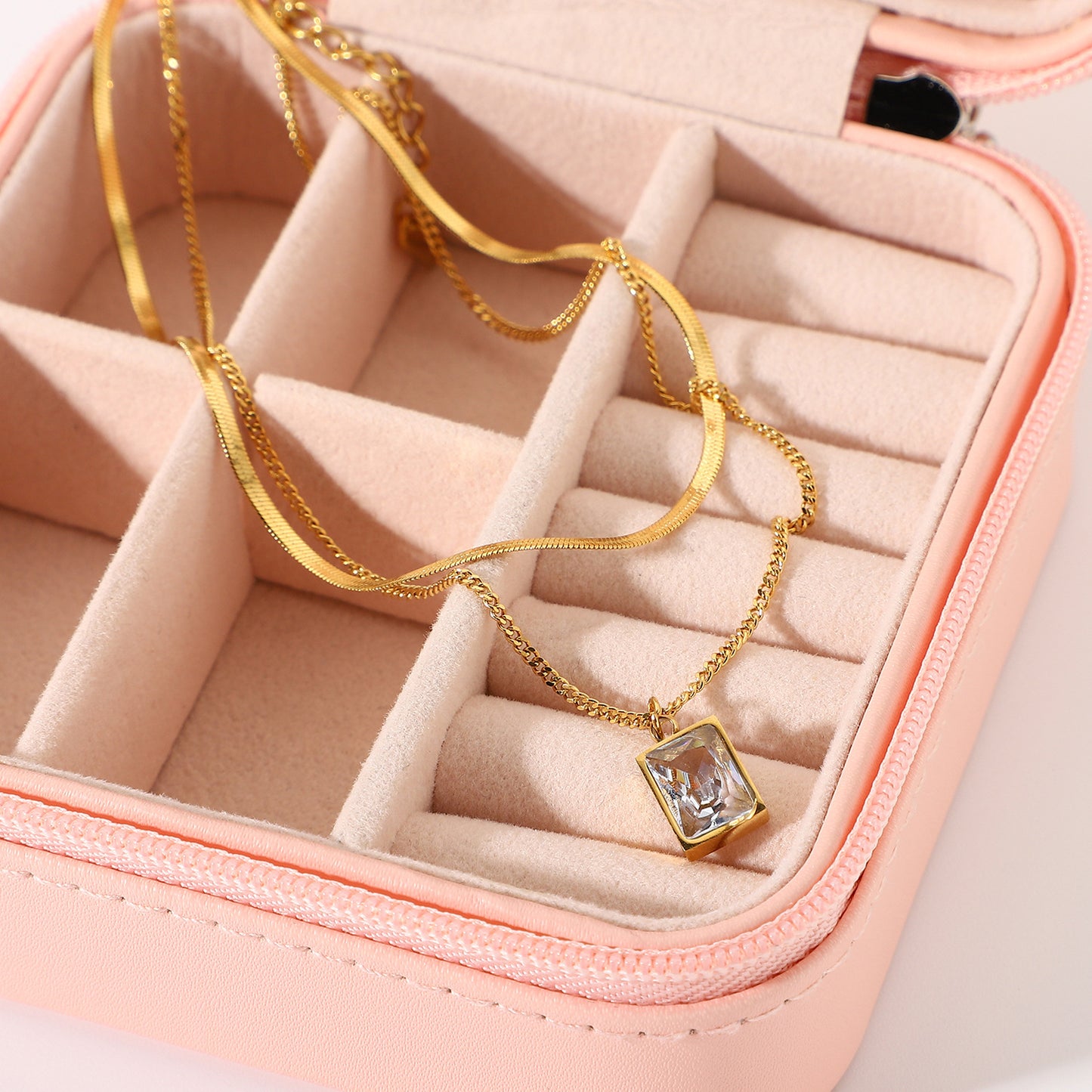 5pcs Women's Stainless Steel Jewelry Double 18K Gold Snake Chain Necklace Mini Exquisite Square Diamond Crystal Pendant Necklace