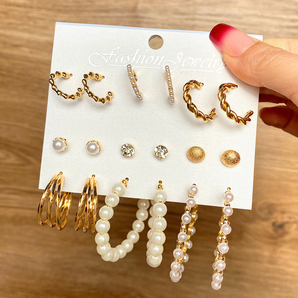 5 Sets New Pearl Earrings Set for Women Retro Metal Geometric C-Shaped 5 pairs Earrings