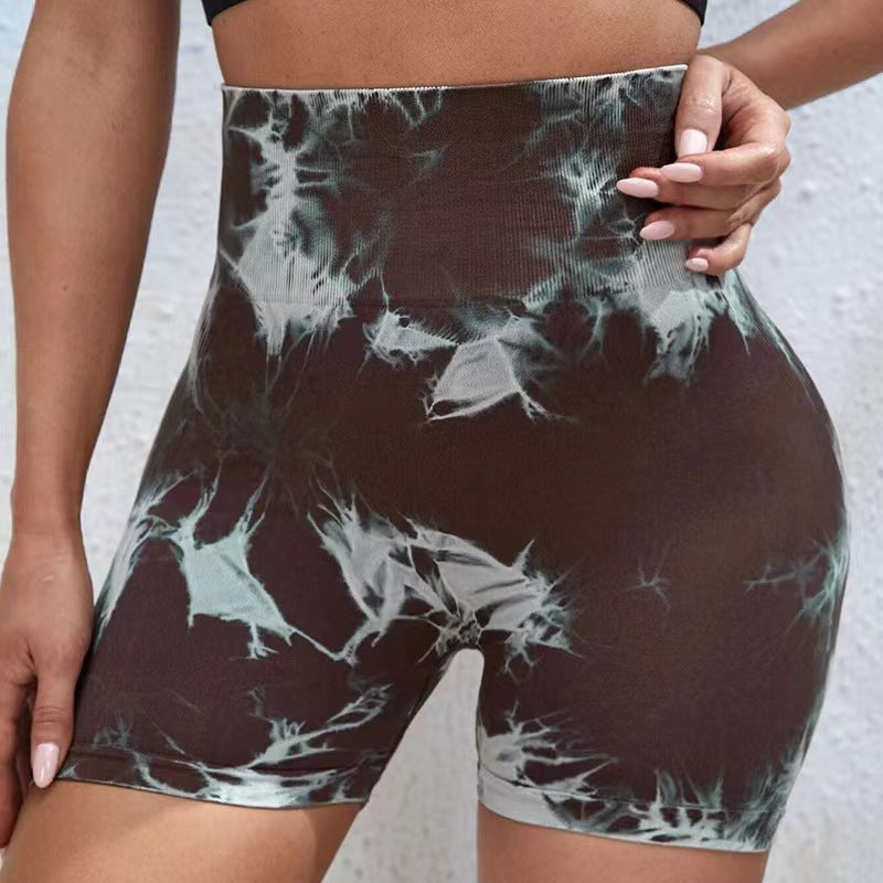 Summer Tie-Dye Three-Point Fitness Pants Women's High Waist And Hip Lift Tight Sports Running Peach Belly Yoga Shorts