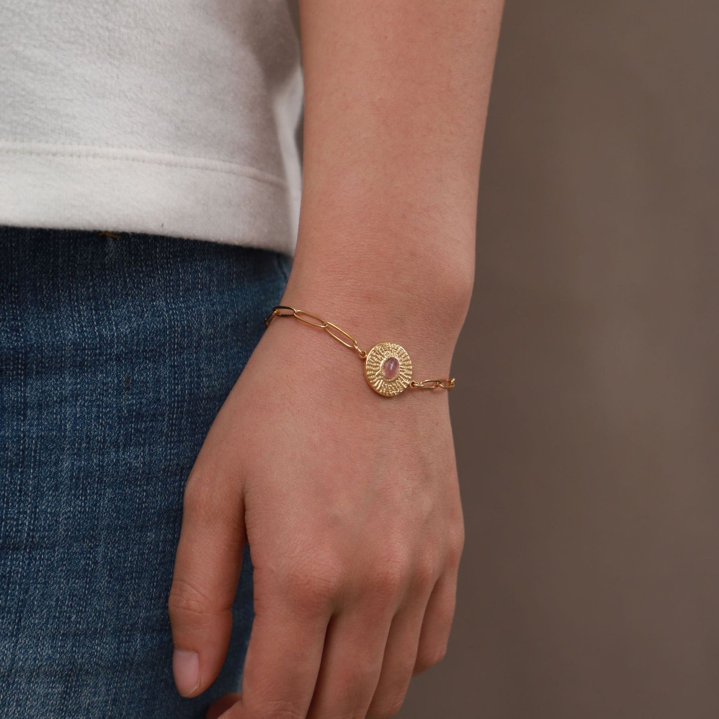 5pcs New Vintage Style 18K Gold Plated Round Brand With Oval Stone Cross Chain Titanium Steel Bracelet Women's Hand Jewelry