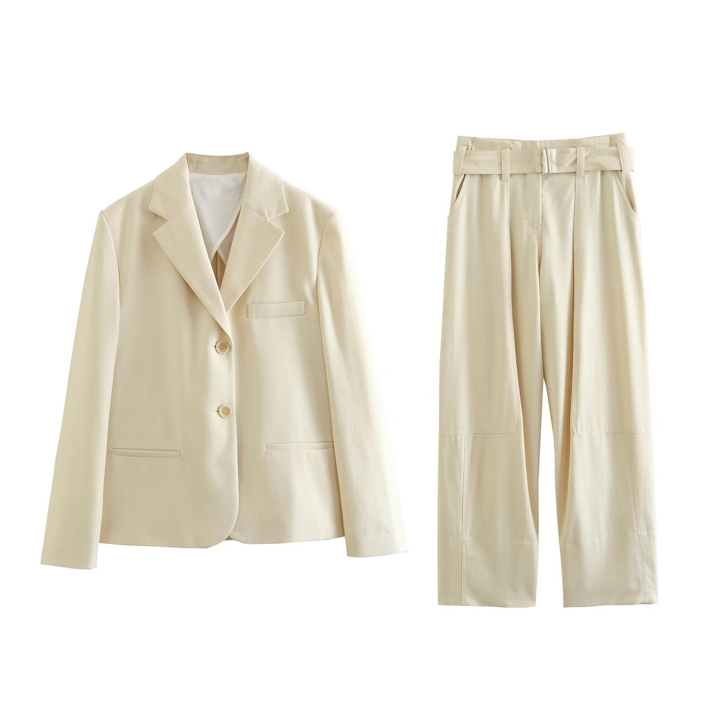 New Spring Breasted Cotton Suit Jacket + Cotton Pants Set With Belt K2-64888