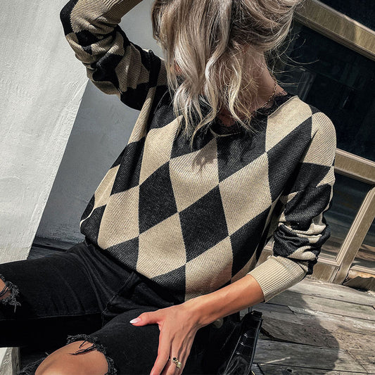New Fashion Women's Autumn Winter Ring-Checkered Long-Sleeved Sweater Female