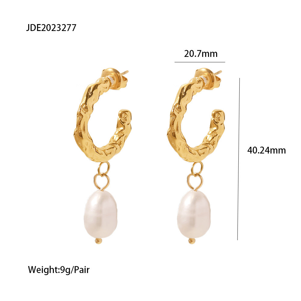 5pcs New Titanium Steel Earrings Stainless Steel 18K Gold Plated Natural White Light Pearl Earrings Women's Jewelry