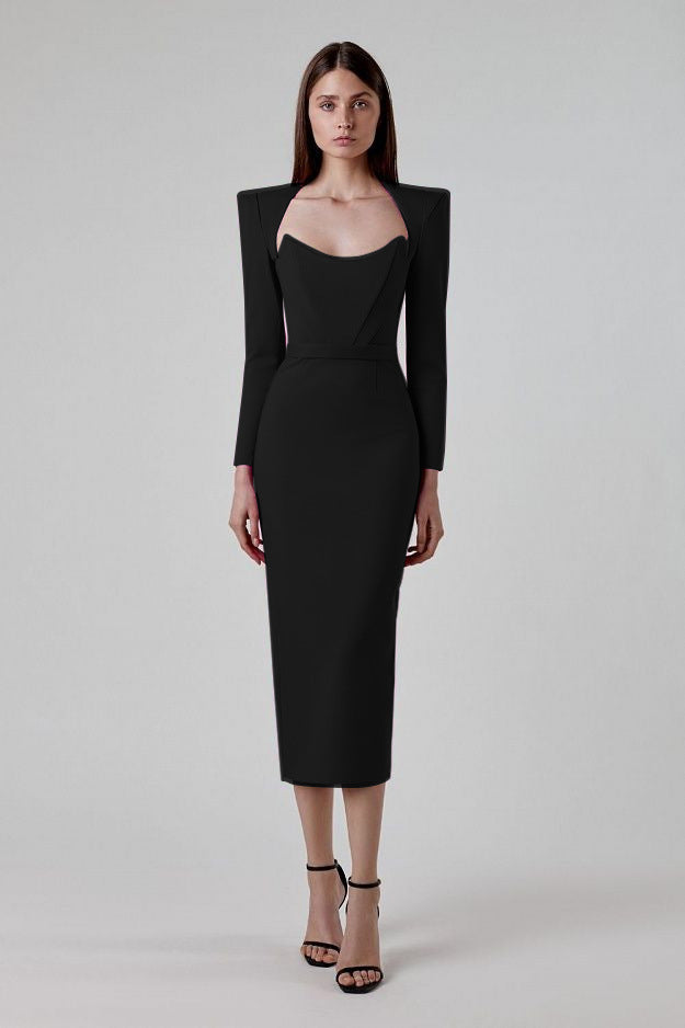 Fashion Shoulder Pads Sexy Low Cut Waist Bright Dress Elegant Temperament Bandage Dress
