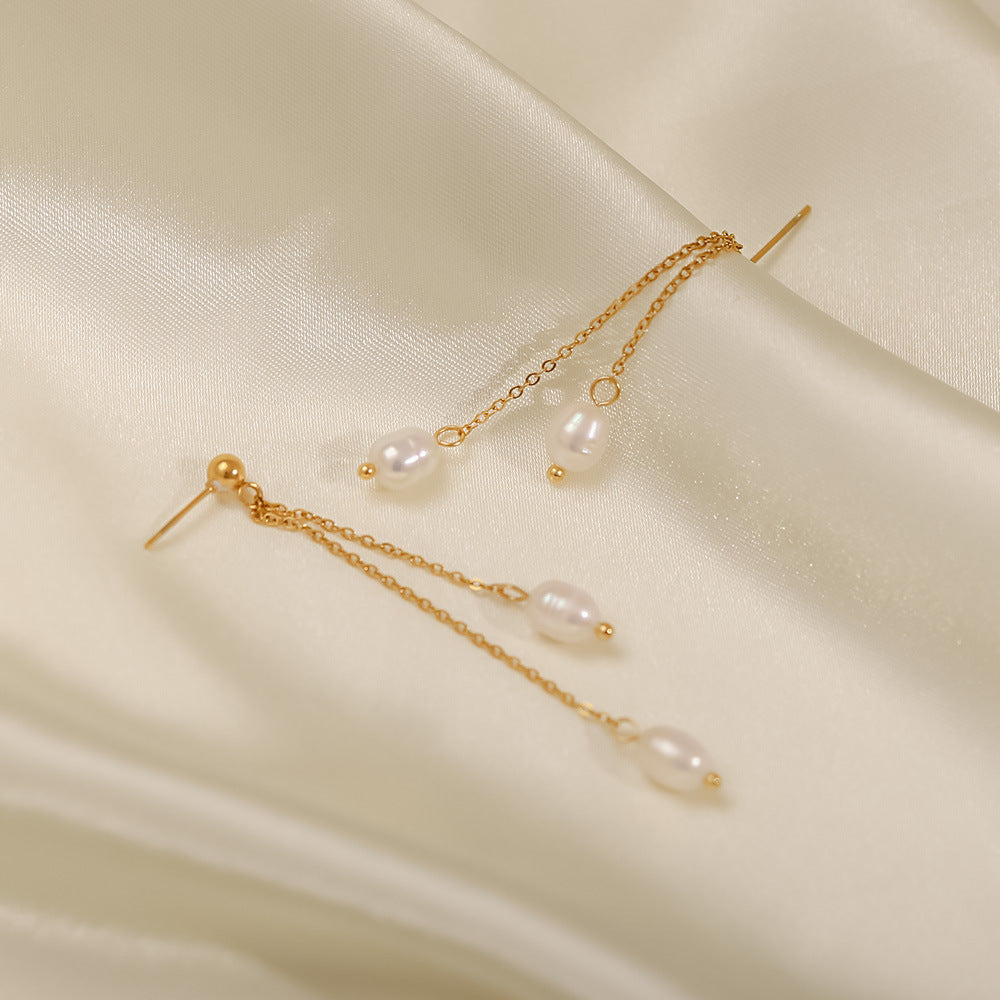 5pcs Women's Fashion All-In-One Simple Titanium Steel Earrings 18K Gold Natural Beaded Tassel Stud Earrings
