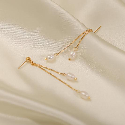 5pcs Women's Fashion All-In-One Simple Titanium Steel Earrings 18K Gold Natural Beaded Tassel Stud Earrings
