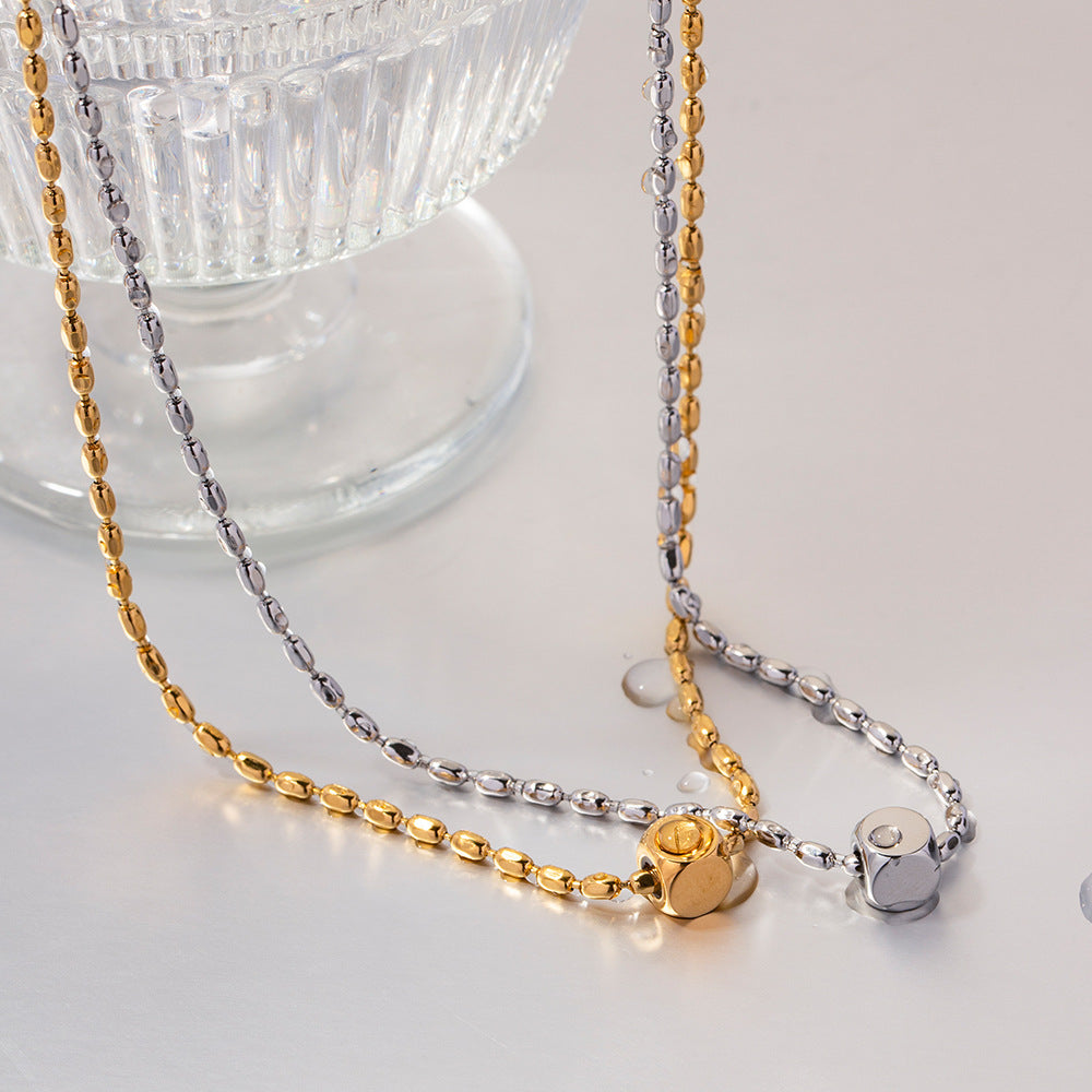 5pcs Very Simple Bead Chain Square Titanium Steel Necklace 18K Gold Stainless Steel Design Sense Square Pendant Necklace