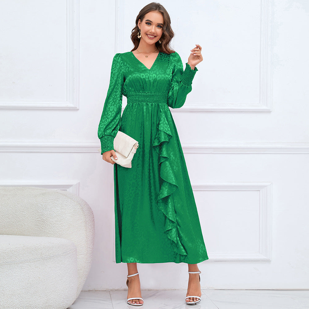 Women's Dress Autumn And Winter V-Neck Long Sleeve Leopard Dress Big Size