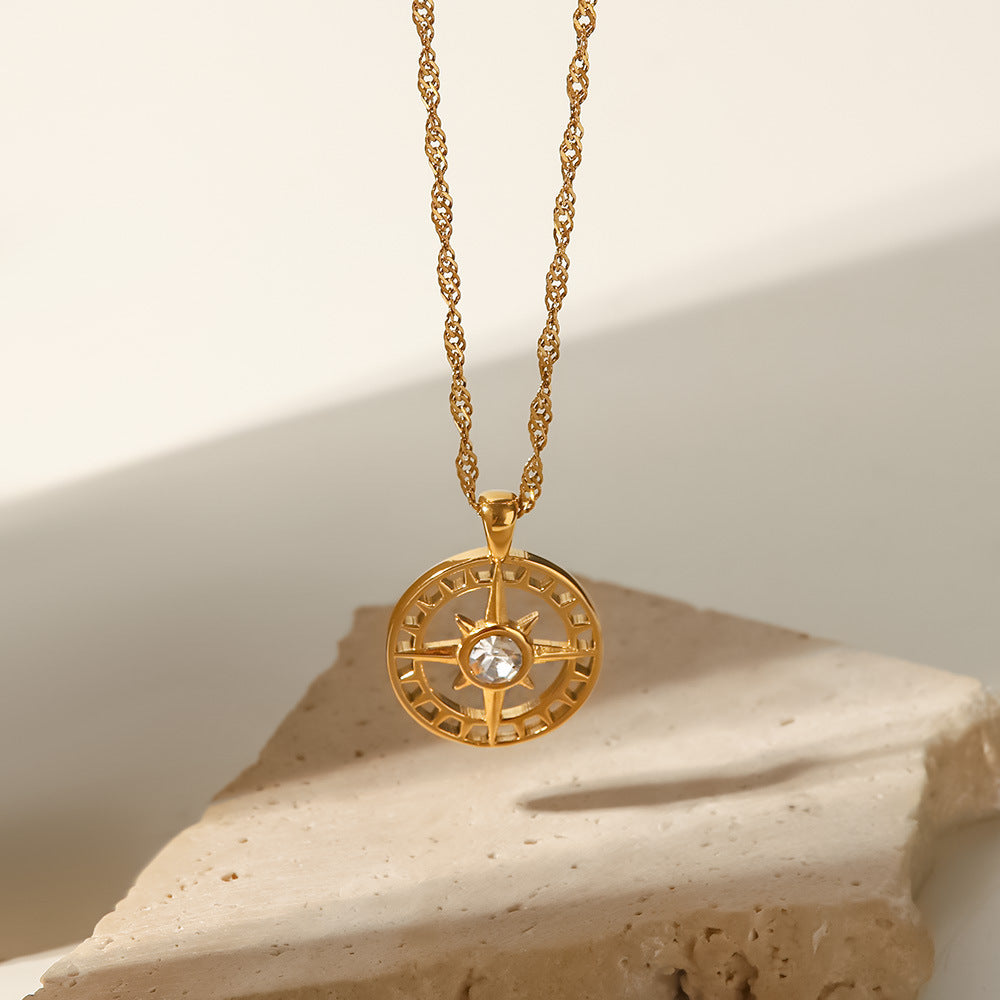 5pcs Vintage Octet Star Titanium Steel Necklace Stainless Plated 18-Karat Gold Inlaid Zircon Hollow Pendant Women's Necklace
