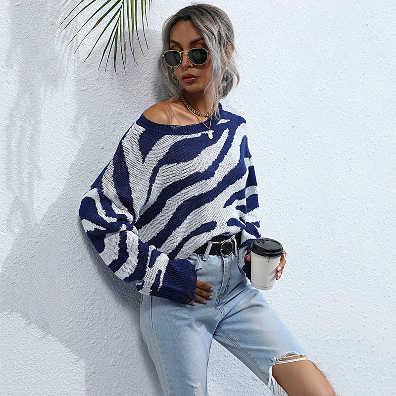 Women's Autumn Knit With Blue Zebra Crewneck Sweater Women Loose