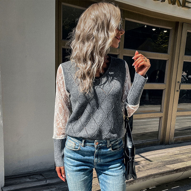 Autumn and Winter New Fashion Women's Long-Sleeved Lace Patchwork Sweater