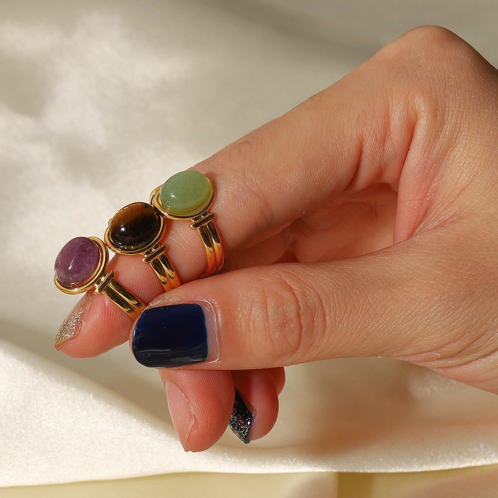 5pcs Same Ring 18K Gold Oval Tiger Eye/Green/Purple Semi-Precious Stone Opening Ring Female