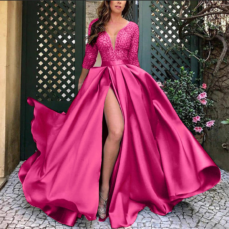 New Women's Lace Sequin Sexy Dress Train Dinner Gown
