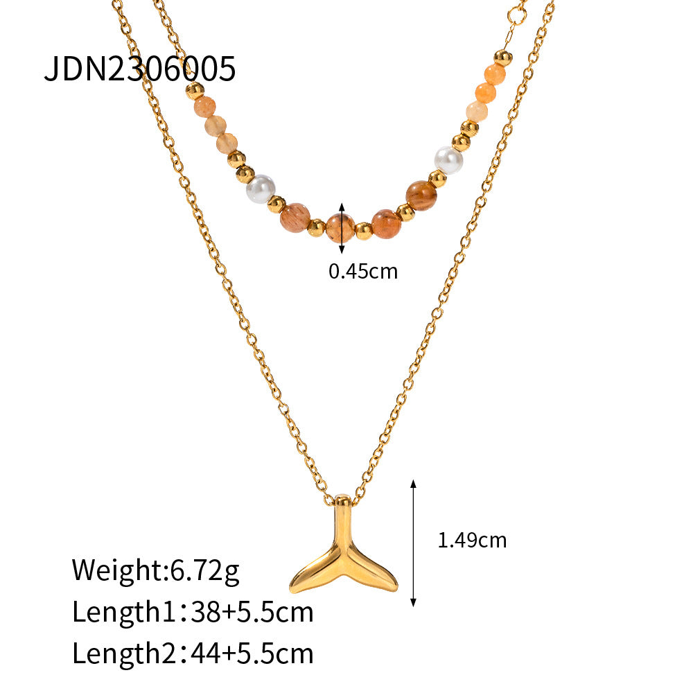5pcs 18K Gold Stainless Steel Double Fishtail Pendant Necklace Does Not Fade Fashionable Accessories