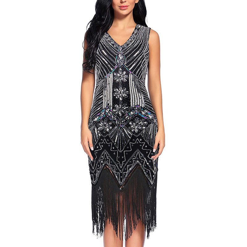Vintage Style Sequined Beaded Dress Front And Back V-Neck Fashion Fringe Dress Exploded