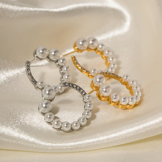 5pcs Hot 18K Gold Stainless Steel Full Diamond Full Pearl C Shaped Horn Ring Earrings Do Not Fade Jewelry