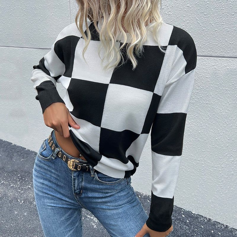 New Autumn And Winter Fashion Women's Long-Sleeved Black And White Checkerboard Sweater