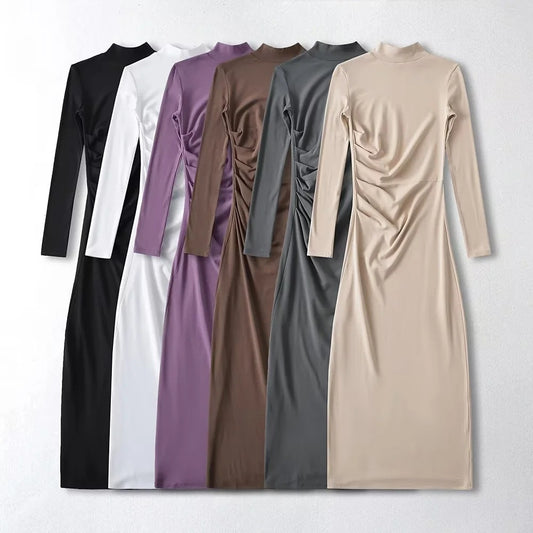 Female New Spring New Sexy Spice Girl Pure Wind Half High Neck Long Sleeve Pleated Dress