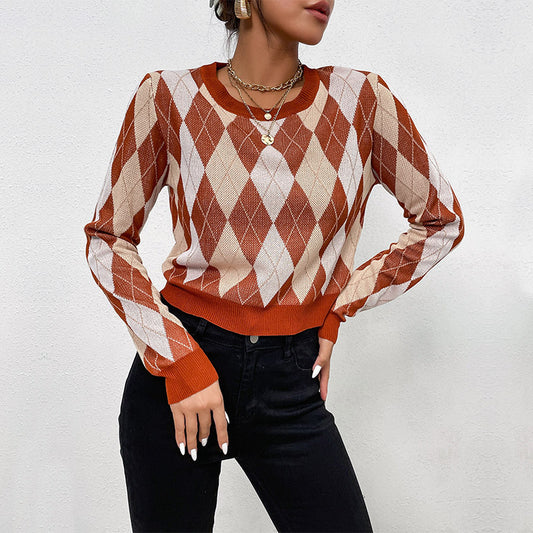 Autumn And Winter Chic Women's Long-Sleeved Ringer Check Sweater