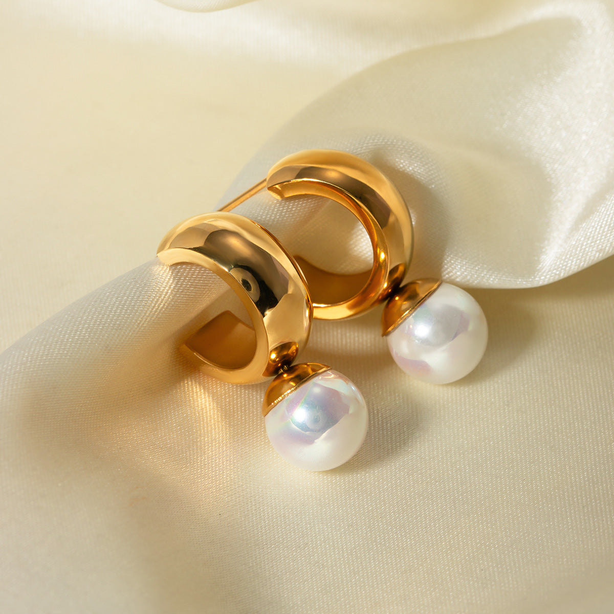 5pcs New Titanium Steel Earrings 18K Gold Stainless Steel Smooth C-Shaped Pearl Earrings
