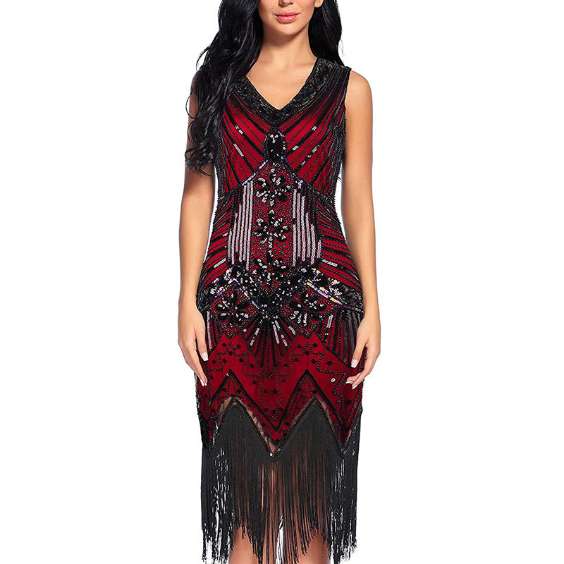 Vintage Style Sequined Beaded Dress Front And Back V-Neck Fashion Fringe Dress Exploded