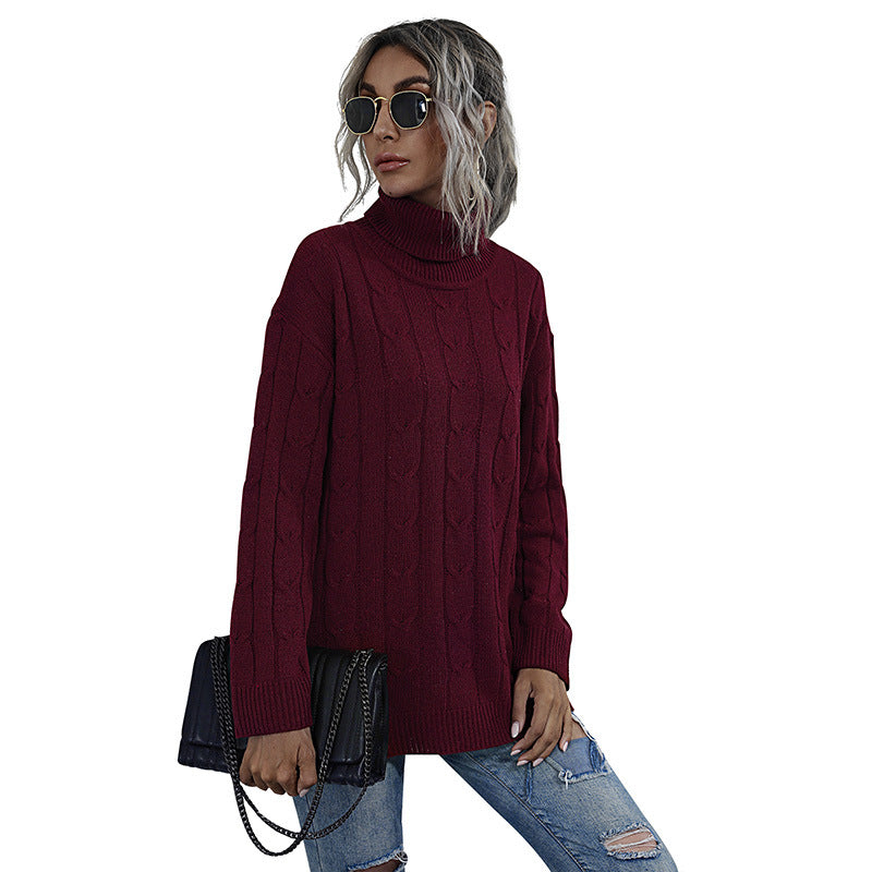Radiant Red Elegance: Women's Turtleneck Mid-Length Sweater for Autumn