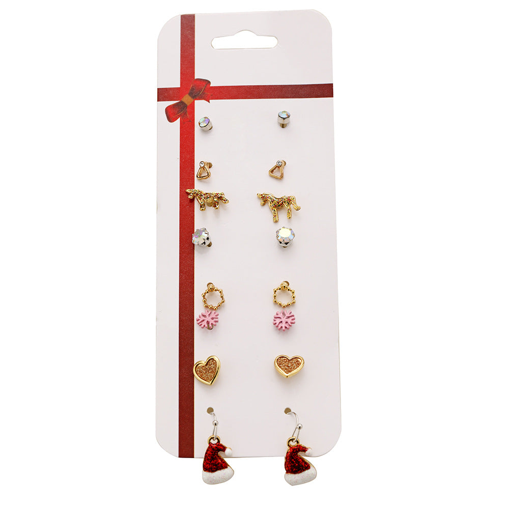 Christmas Earrings Set New Drip Oil Creative Santa Claus Snowman Christmas Tree Earrings 6-Piece Set