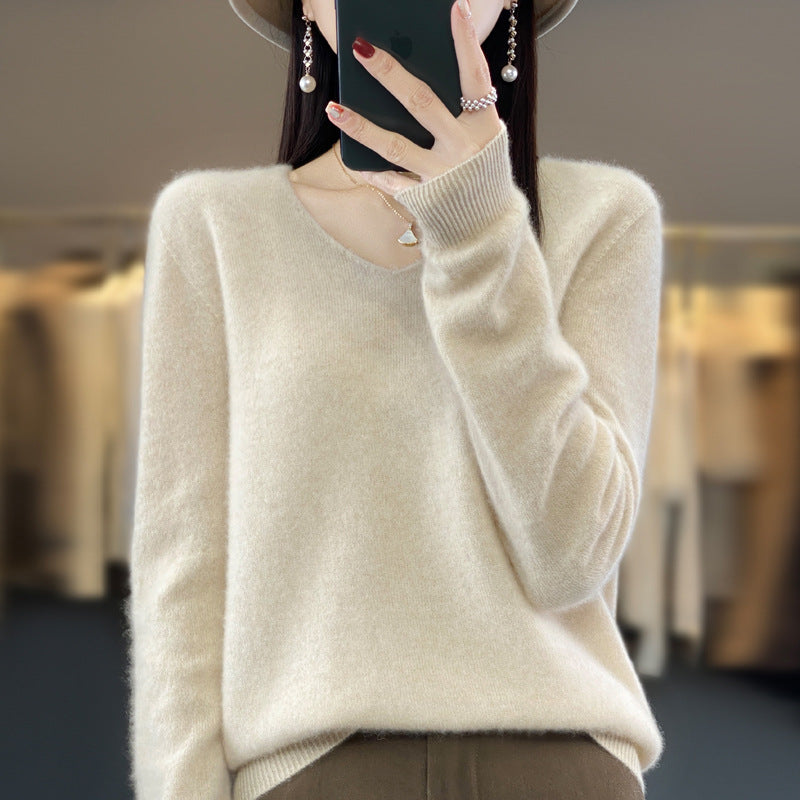 100 Pure Wool Knitwear Women's V-Neck Pullover Loose Base Shirt Autumn And Winter New Solid Color Sweater