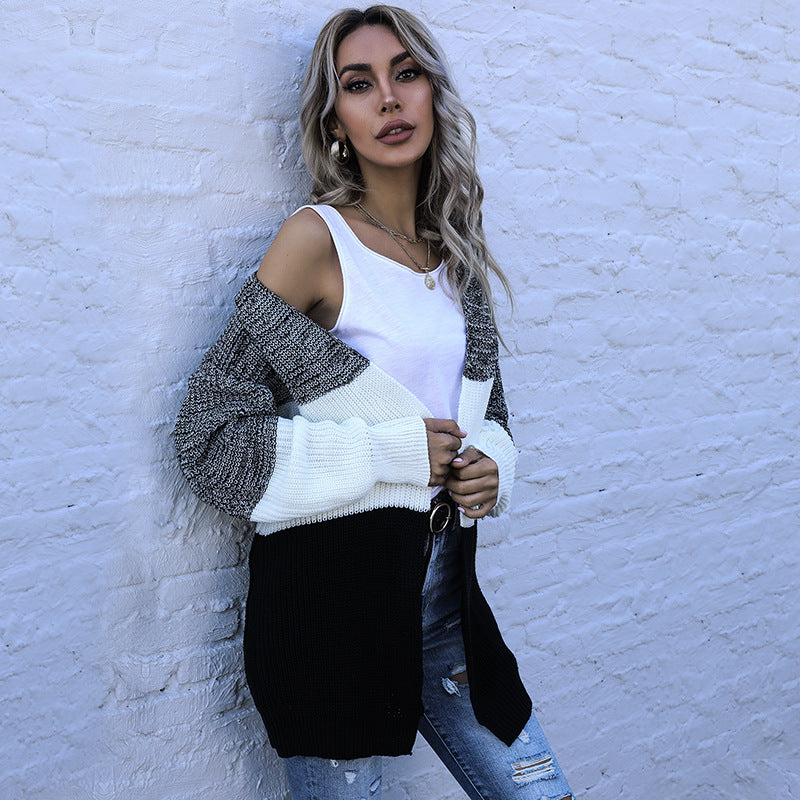 Autumn & Winter Long-Sleeved Match Color Loose Casual Women's Cardigan Sweater Coat
