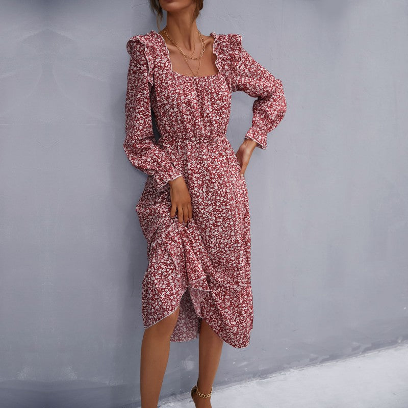 New Fashion Spring Women's Long-Sleeved Floral Square Collar Dress
