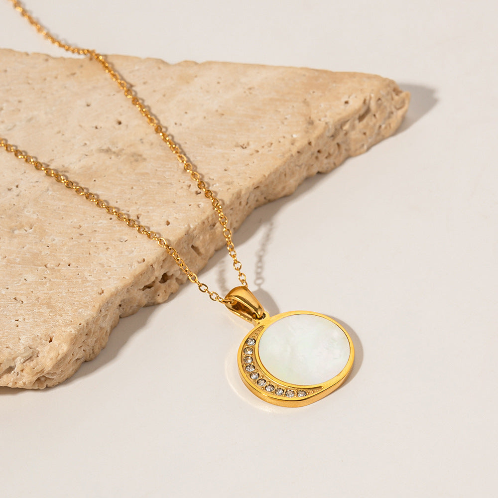 5pcs 18K Gold Stainless Steel Necklace Natural Shell Diamond Zircon Sun And Moon Pendant Necklace Women's Accessories