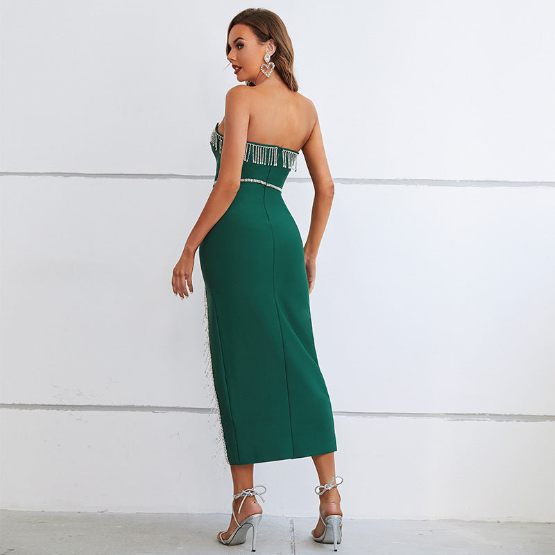 Women's Fall Sexy Strapless Bandage Dress High-Grade Temperament Pendant Fringe Irregular Dress