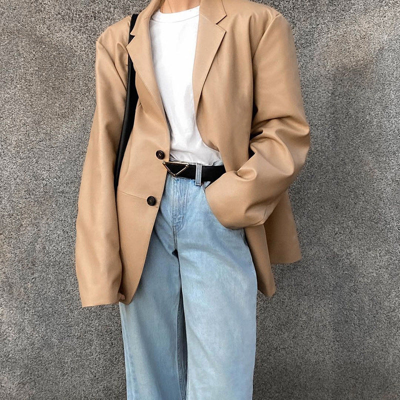 American Wind New Autumn And Winter New Pu Suit Jacket Loose Two Button Long Sleeve
