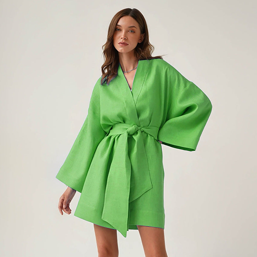 Autumn New Temperament Leisure Commute Wrapped Loose Cotton Hemp Belt High-Waisted Long-Sleeved Dress Women
