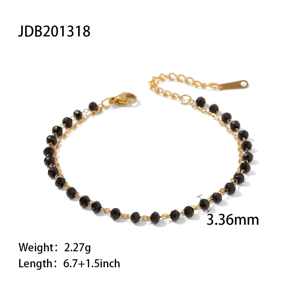 5pcs Bohemian Style Stainless Steel Black Bead Glass Stone Double Necklace Black Glass Sliced Bead Necklace Women's Jewelry