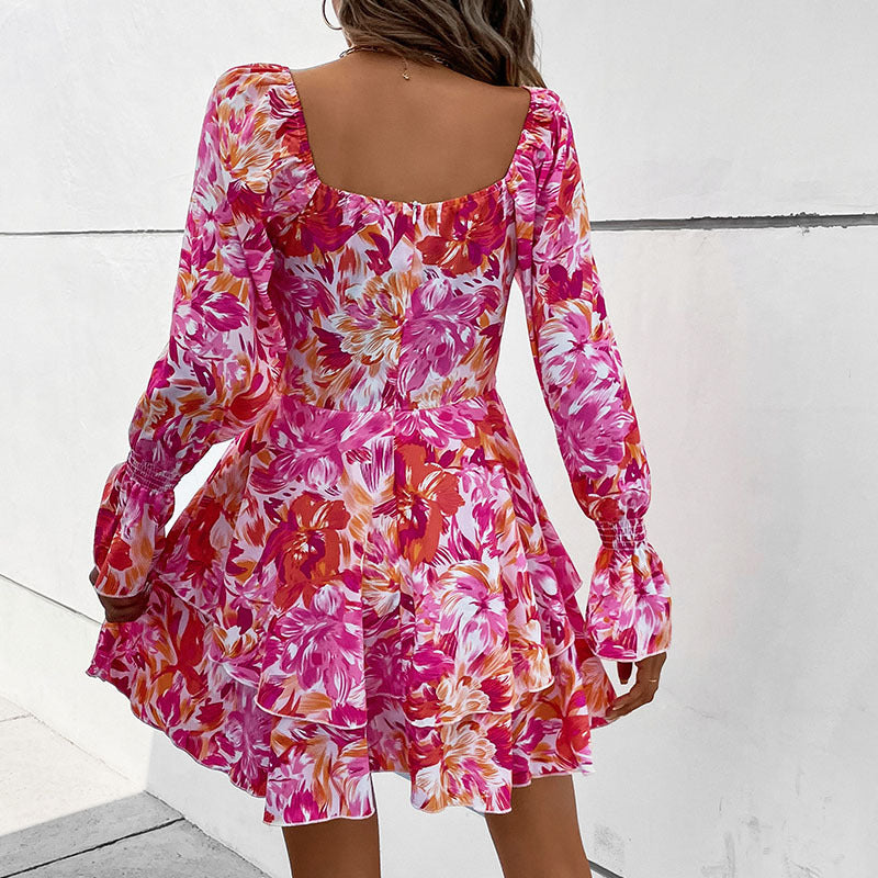 Charming Square Collar Ruffled Sweet Cake Dress for Autumn and Winter Women's Fashion