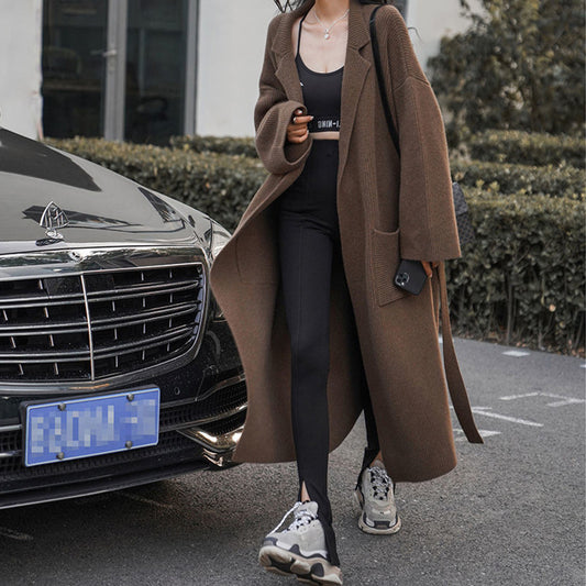Style Suit Collar Knitted Cardigan New Autumn And Winter New Long Loose Sweater Large Size Coat