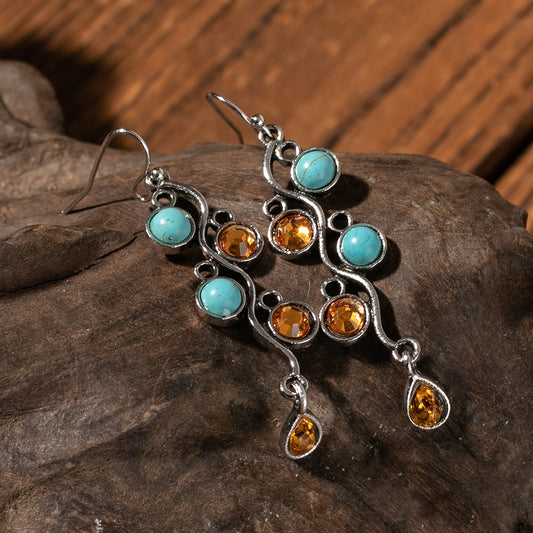 Retro Turquoise Diamond Set Fashion Fringe Long Women'S Earrings