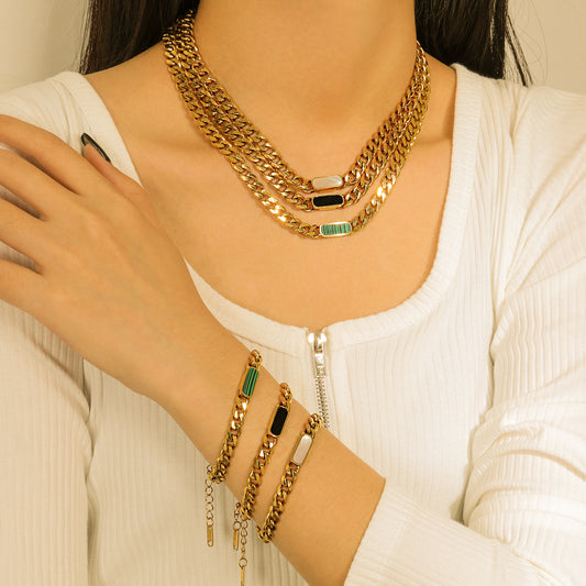 5pcs Cuban Chain 18K 316 Stainless Steel Plated White Shell Green Peacock Stone Black Shell Titanium Steel Necklace