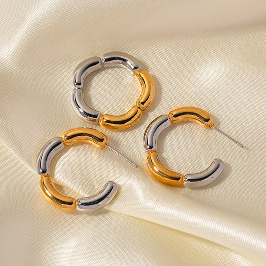 5pcs Geometric High Touch 18K Gold Stainless Steel Two-Color C-Shaped Flower Earrings Jewelry