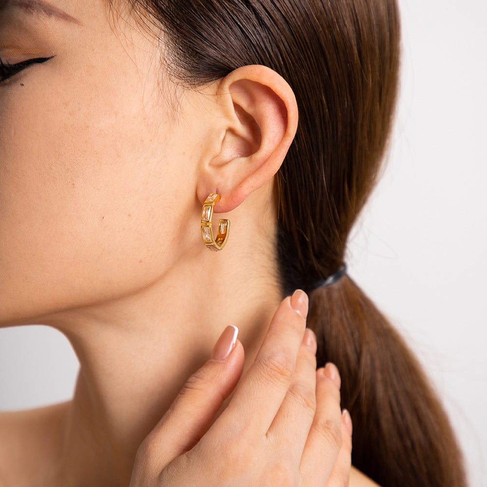 5pcs 18K Gold Stainless Steel Inset Zircon Earrings C-Shaped Advanced Design Do Not Fade Earrings For Women