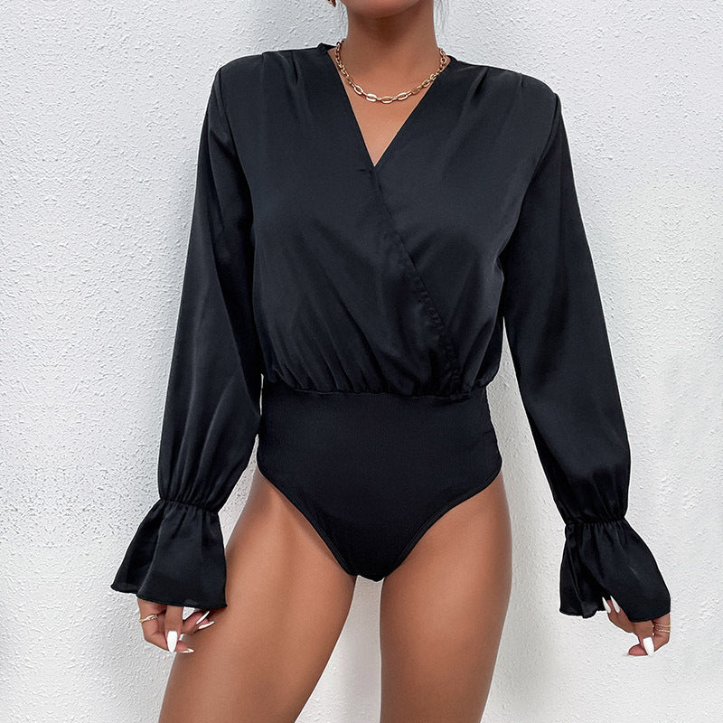 Fashion Women's Spring New Black Long-Sleeved Tight One-Piece Blouse