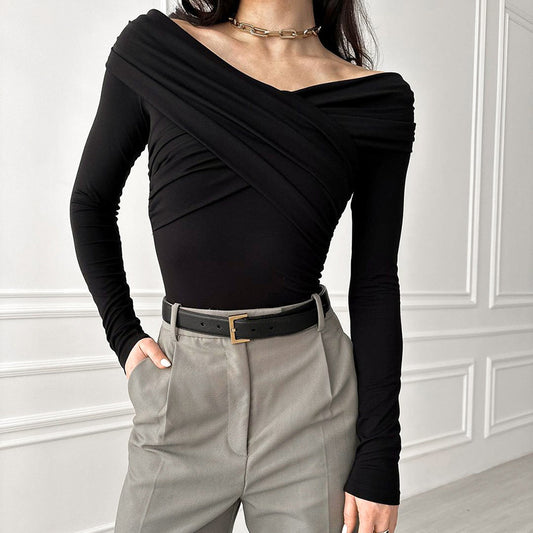 Black Wool Knitted Sexy Off-The-Shoulder Irregular Collar Slim T-Shirt New Spring Top Woman
