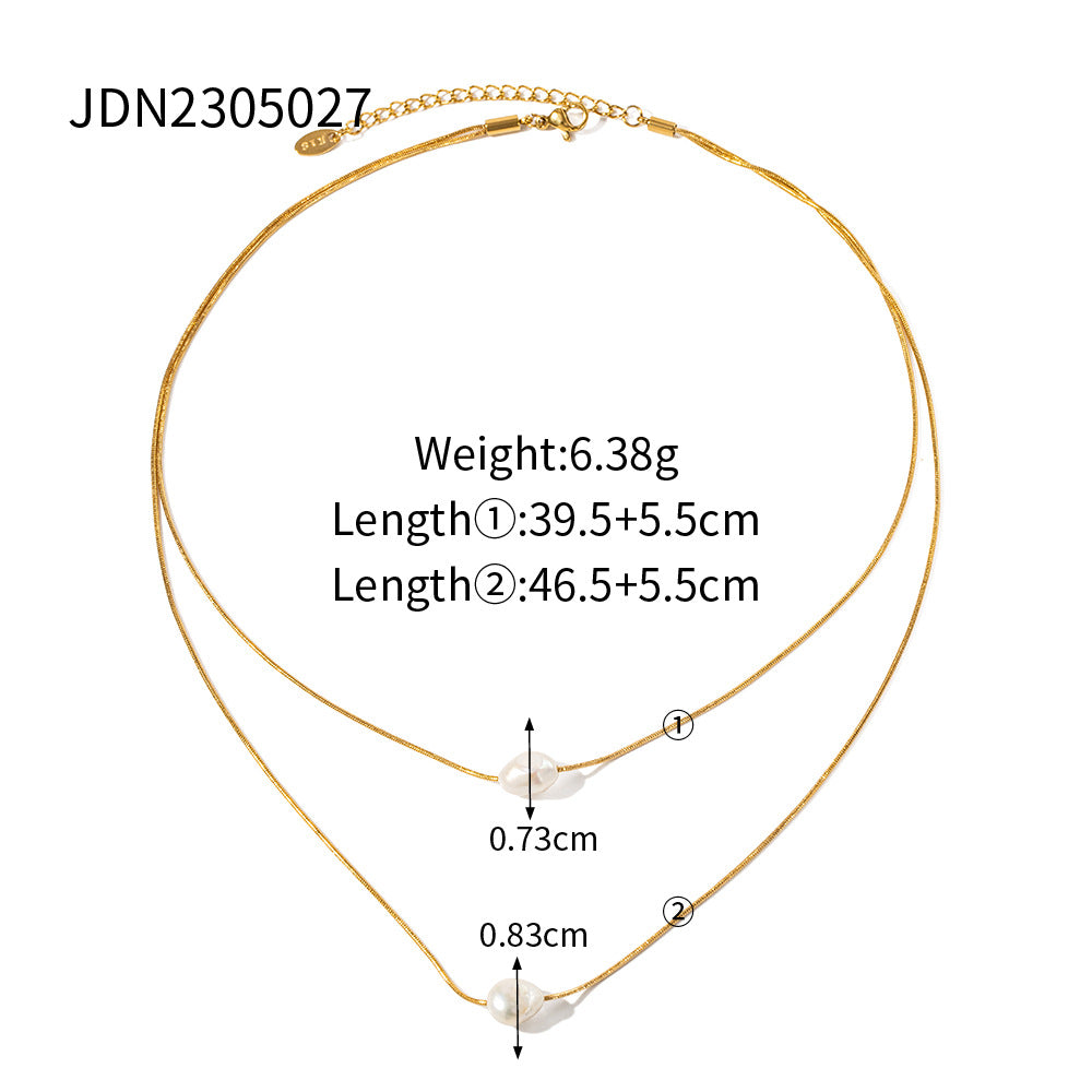 5pcs New Pearl Necklace 18K Gold Stainless Steel Inlaid Light Pearl Double-Layer Non-Fading Necklace