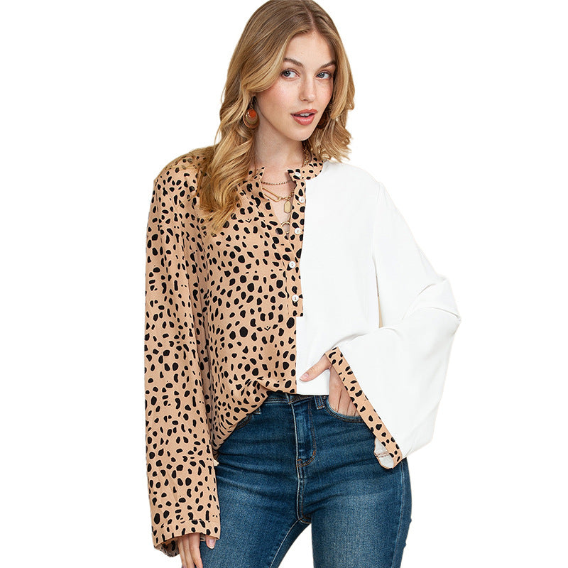 Autumn New Color Contrast Long-Sleeved Shirt Women Thin Personality Leopard Print Shirt